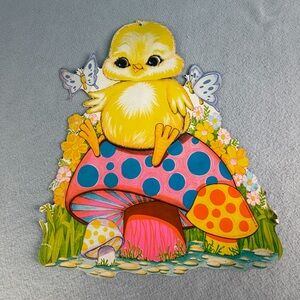Vintage 1977 Beistle Spring Easter Chick on Mushroom 12" One Sided Diecut
